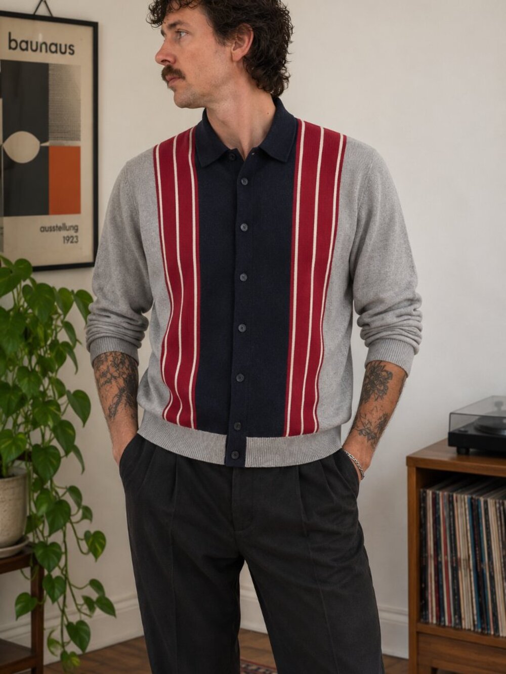 Men's Medium Ben Sherman Long Sleeve Knit Polo Shirt Vertical Stripes Gray Blue